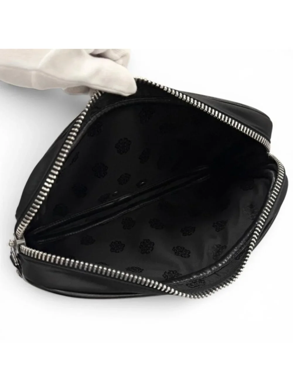 Chrome Hearts Nylon Leather Scroll Logo Plate Clutch Black Silver